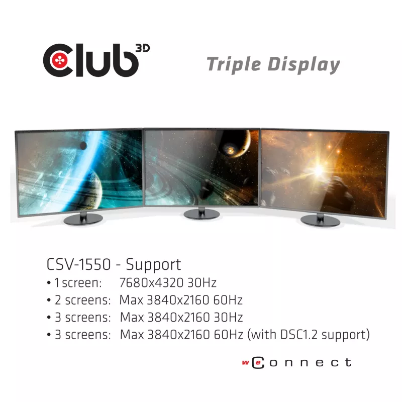 CLUB3D USB Type C 3.2 Gen 1 Multi Stream Transport (MST) Hub DisplayPort 1.4 Triple Monitor