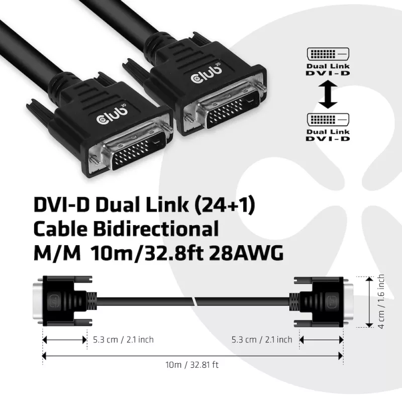 CLUB3D Kabel DVI-D Dual Link (24+1) Dwukierunkowy M/M 10m/32.8ft 28AWG