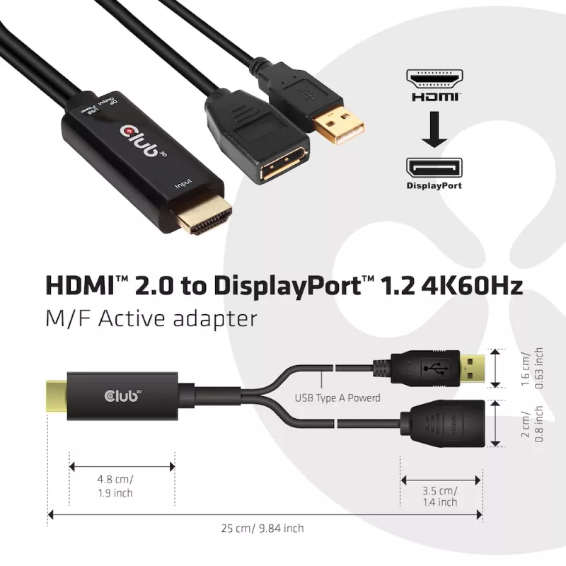 CLUB3D CAC-1331 adapter kabla wideo 0.25 m HDMI DisplayPort Czarny