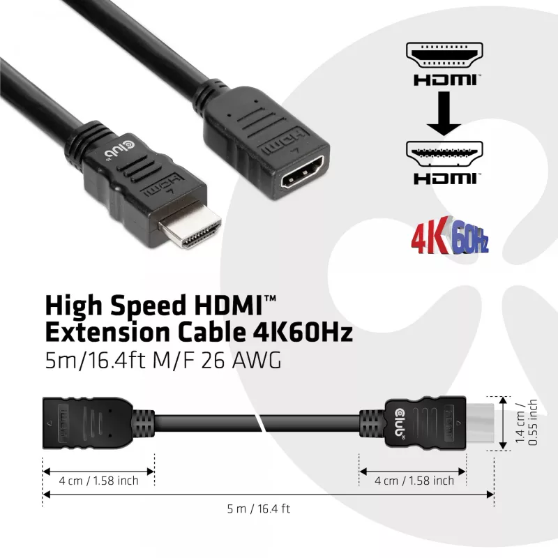 Przedłużacz HDMI CLUB3D High Speed 4K60Hz M/F 5m/16,4ft 26 AWG