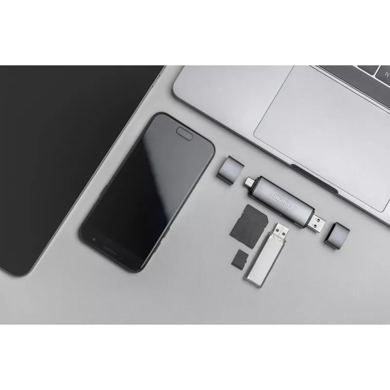 DIGITUS Combo Card Reader Hub (USB-C+USB 3.0) 1x SD, 1x MicroSD, 1x USB 3.0, szary