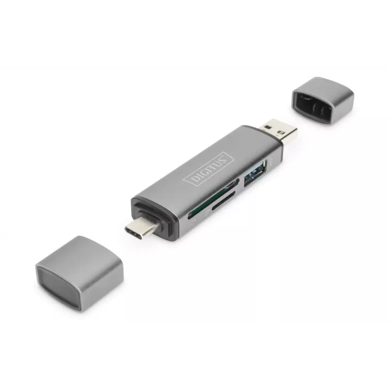 DIGITUS Combo Card Reader Hub (USB-C+USB 3.0) 1x SD, 1x MicroSD, 1x USB 3.0, szary