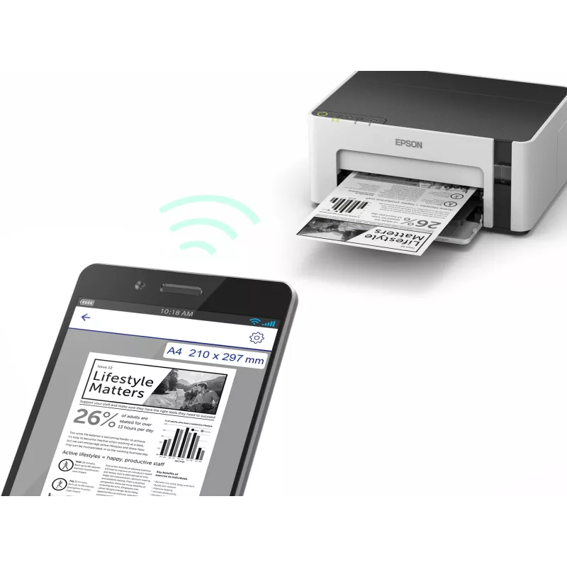 Drukarka atramentowa Epson EcoTank ET-M1120 — monochromatyczna, A4, 1440x720 DPI, Wi‑Fi, zbiornik atramentu z możliwością uzupełniania