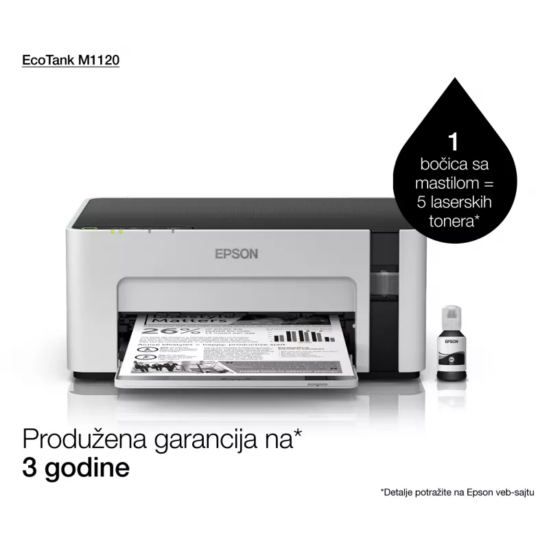 Drukarka atramentowa Epson EcoTank ET-M1120 — monochromatyczna, A4, 1440x720 DPI, Wi‑Fi, zbiornik atramentu z możliwością uzupełniania