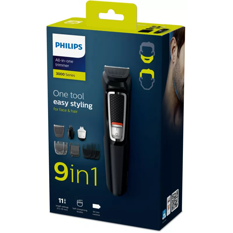 Multigroomer trimmer Philips MULTIGROOM Series 3000 9-in-1 MG3740/15 — akumulator NiMH, 60 min pracy, ostrza ze stali nierdzewnej, 9 nasadek grzebieniowych, czarny