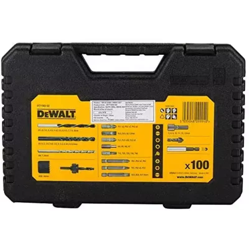 Zestaw wierteł DeWalt DT71563-QZ — 100 szt. do metalu, zawiera bity wkrętakowe i walizkę