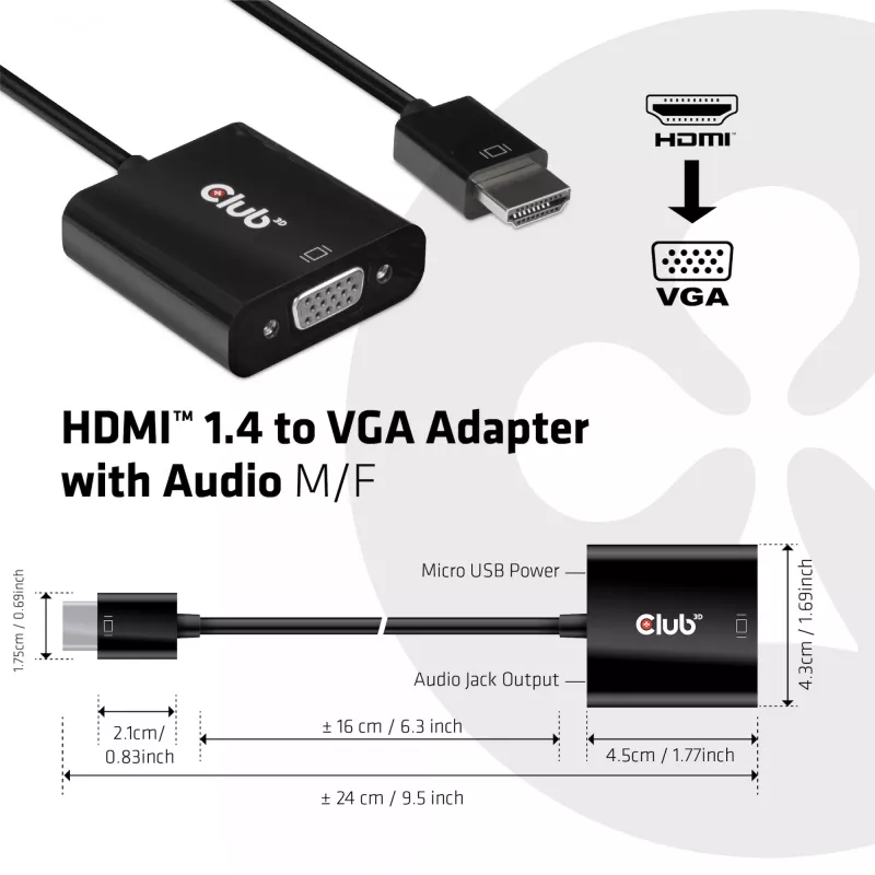 CLUB3D CAC-1302 adapter kabla wideo 0.5 m HDMI Type A (Standard) VGA (D-Sub) Czarny