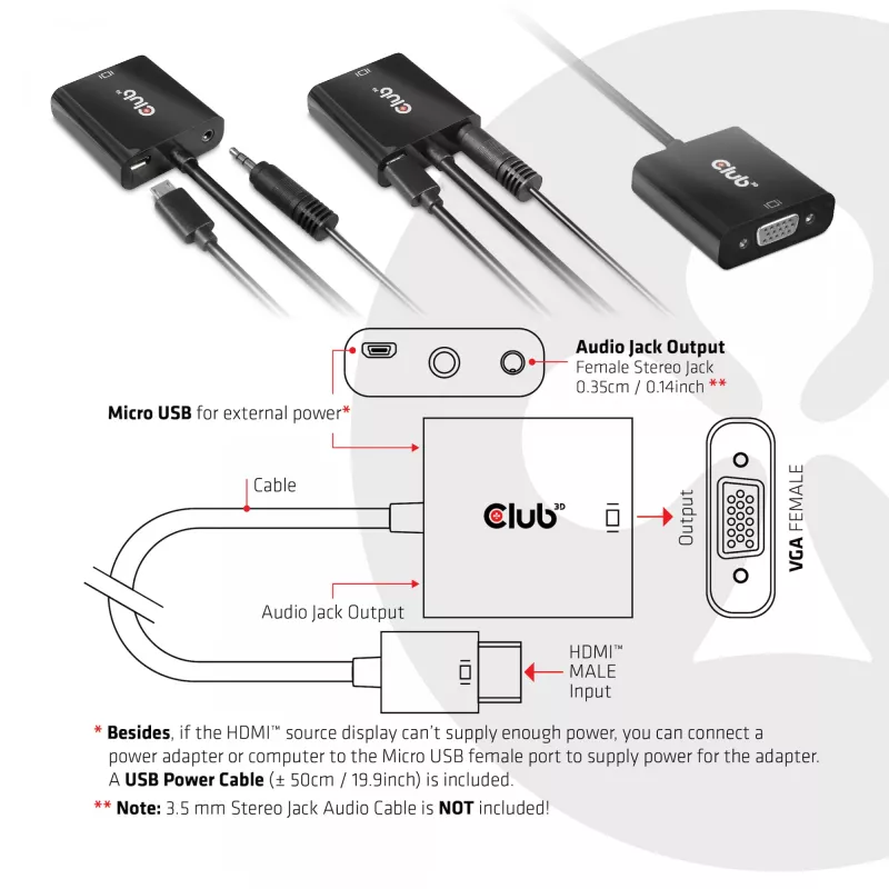CLUB3D CAC-1302 adapter kabla wideo 0.5 m HDMI Type A (Standard) VGA (D-Sub) Czarny
