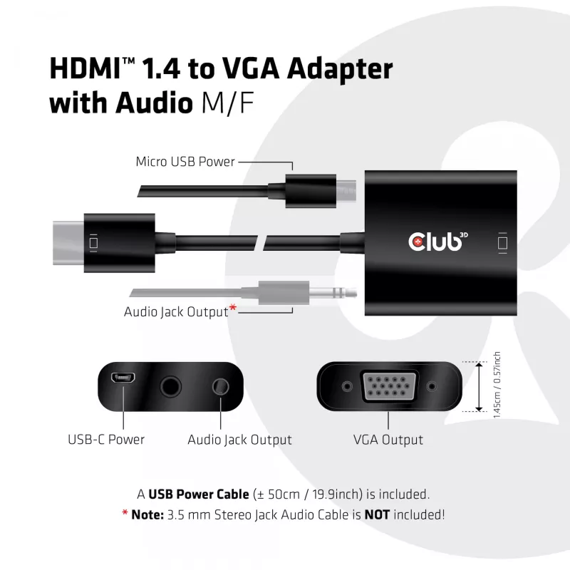 CLUB3D CAC-1302 adapter kabla wideo 0.5 m HDMI Type A (Standard) VGA (D-Sub) Czarny