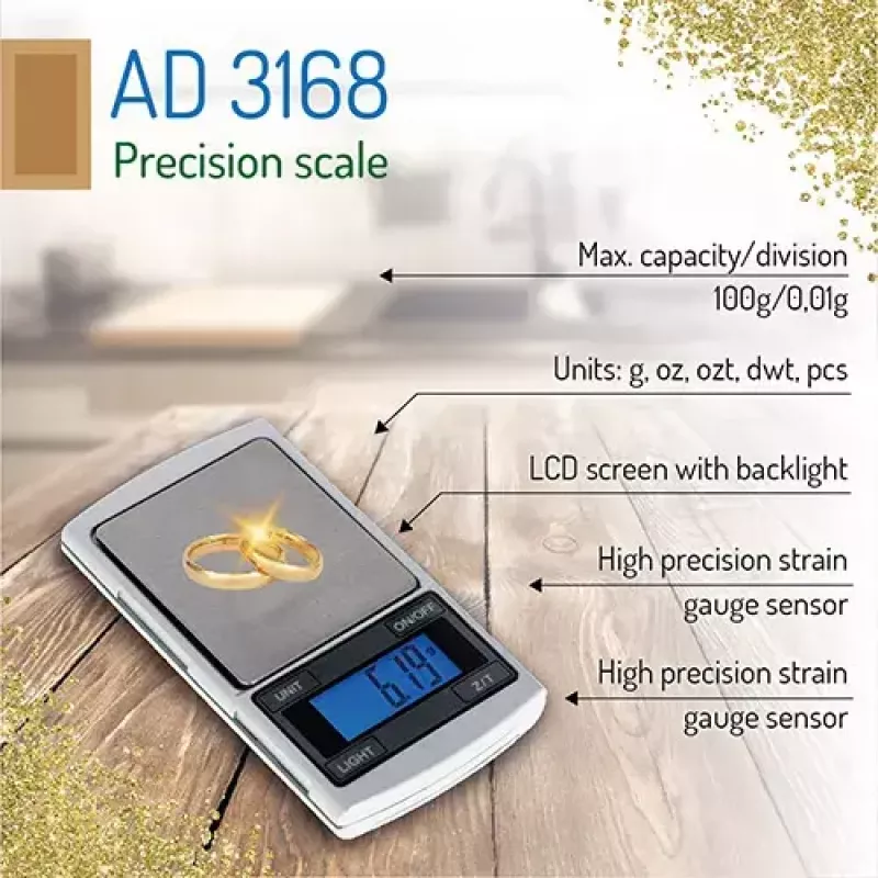 Precision scale Adler AD 3168, 100 g capacity, 0.01 g accuracy, srebrny, portable