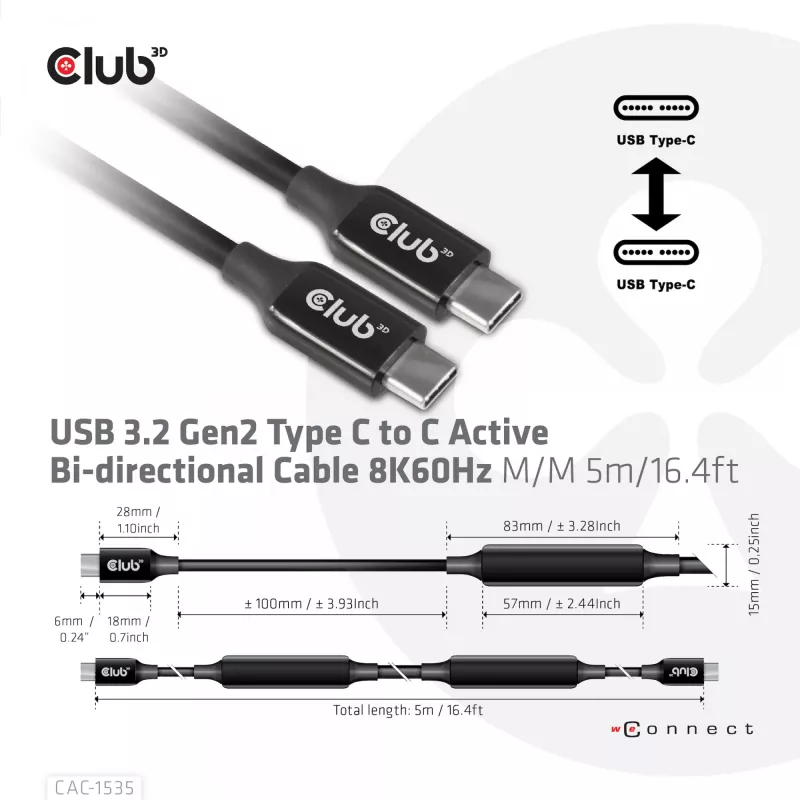 CLUB3D USB 3.2 Gen2 Type C to C Active Bi-directional kabel 8K60Hz M/M 5m/16.4ft
