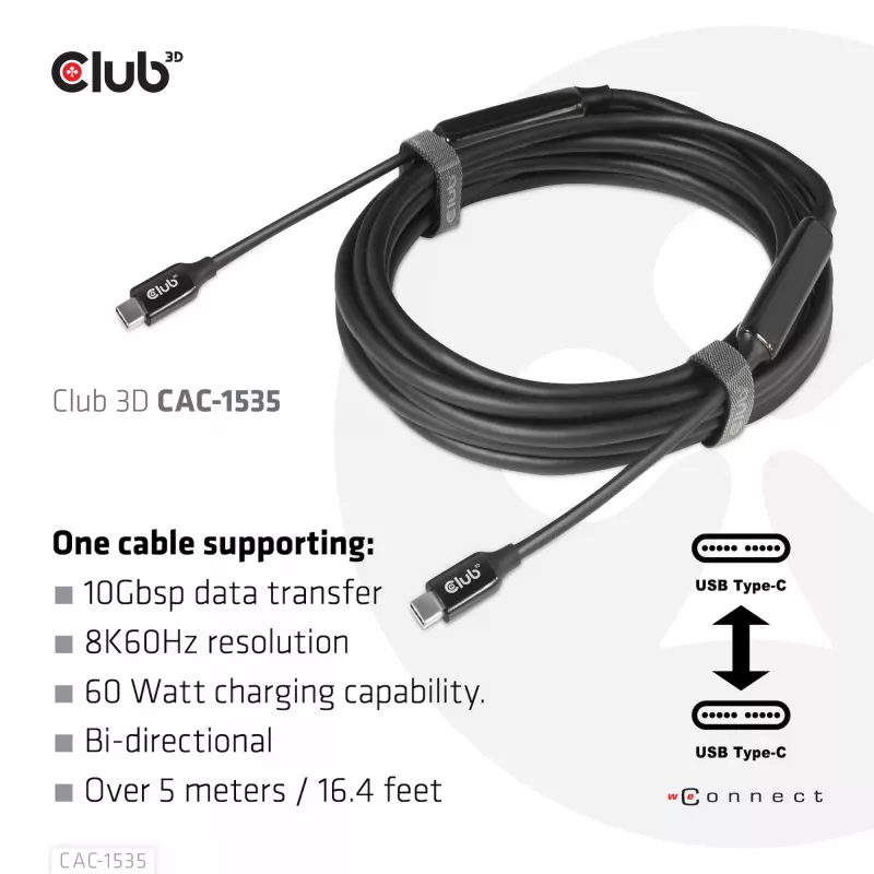CLUB3D USB 3.2 Gen2 Type C to C Active Bi-directional kabel 8K60Hz M/M 5m/16.4ft