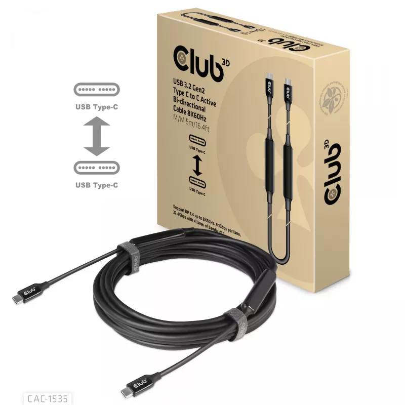 CLUB3D USB 3.2 Gen2 Type C to C Active Bi-directional kabel 8K60Hz M/M 5m/16.4ft