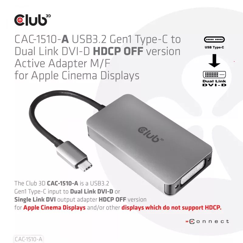 CLUB3D USB3.2 Gen1 Type-C do Dual Link DVI-D HDCP OFF wersja aktywnego adaptera M/F do Apple Cinema Displays