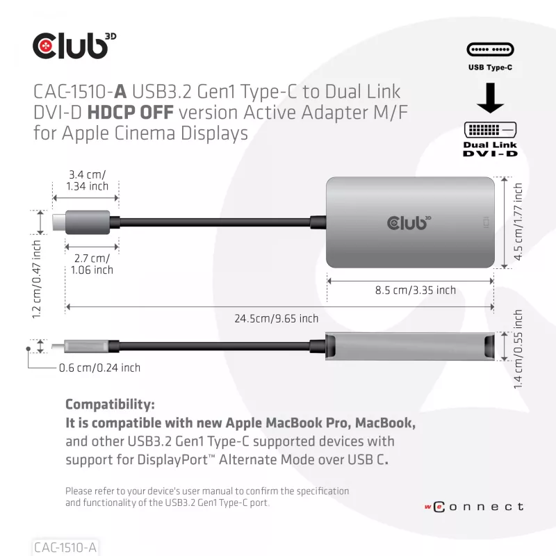 CLUB3D USB3.2 Gen1 Type-C do Dual Link DVI-D HDCP OFF wersja aktywnego adaptera M/F do Apple Cinema Displays