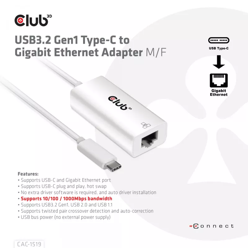 Adapter USB3.2 Gen1 Type-C na Gigabit Ethernet CLUB3D CAC-1519