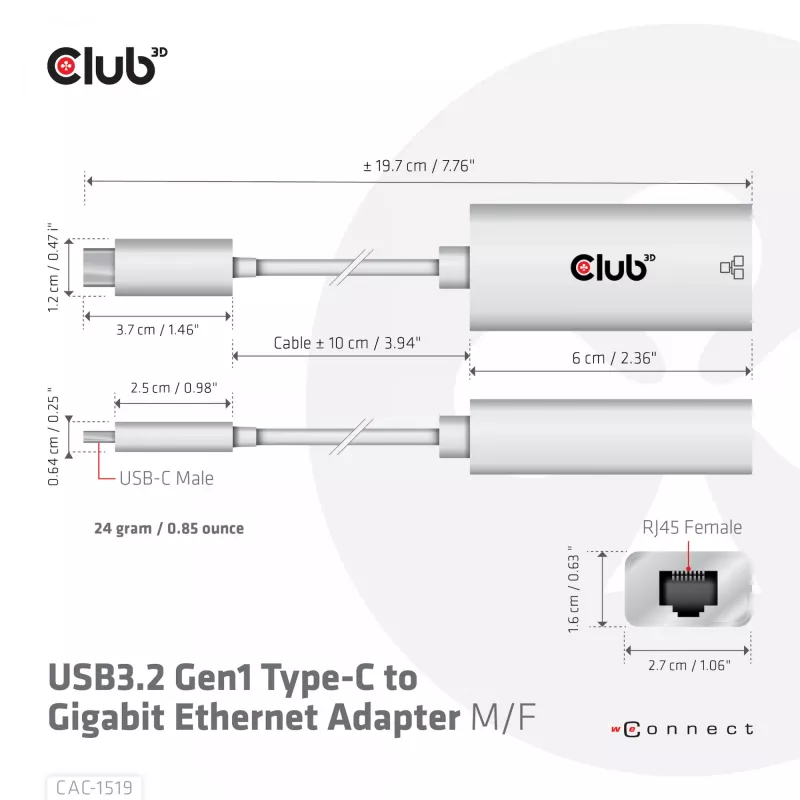 Adapter USB3.2 Gen1 Type-C na Gigabit Ethernet CLUB3D CAC-1519