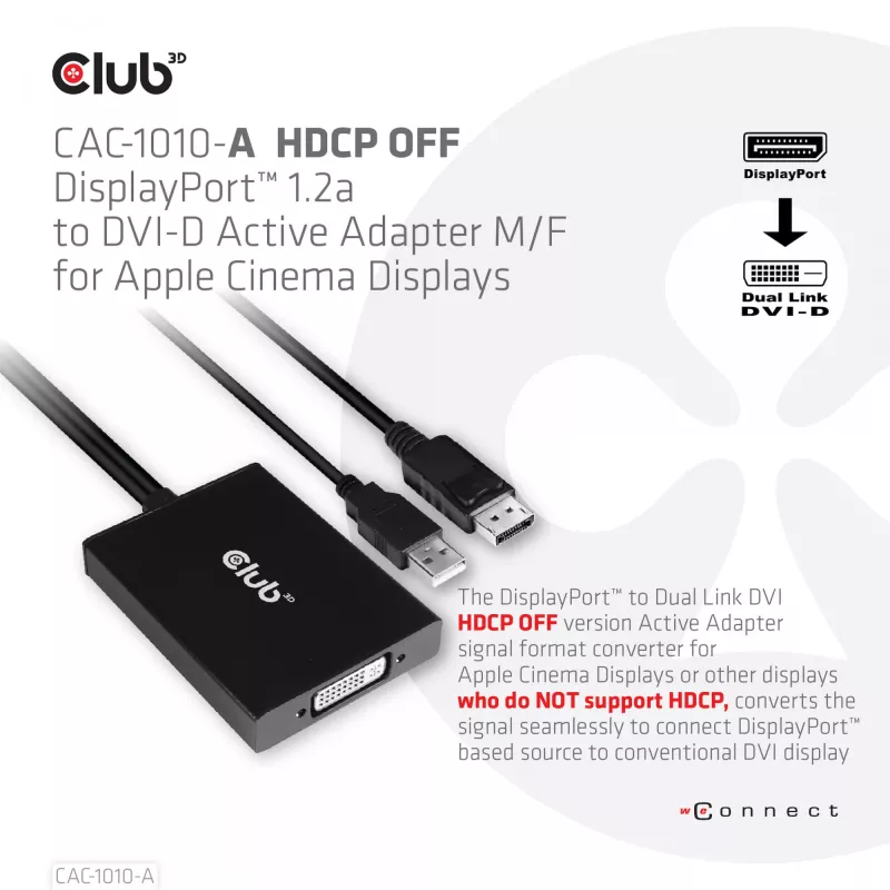 Active adapter DisplayPort to Dual Link DVI-D CLUB3D CAC-1010-A, DisplayPort to DVI-D + USB, 0.6 m