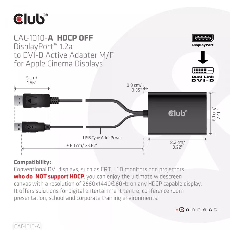 Active adapter DisplayPort to Dual Link DVI-D CLUB3D CAC-1010-A, DisplayPort to DVI-D + USB, 0.6 m