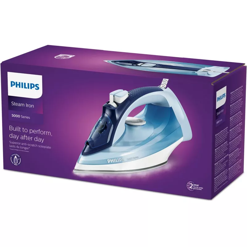 Żelazko parowe Philips DST5030/20 — 2400W, zbiornik 0,32 L, stopa SteamGlide Plus, 45 g/min ciągły strumień, 180 g/min uderzenie pary, Niebieski