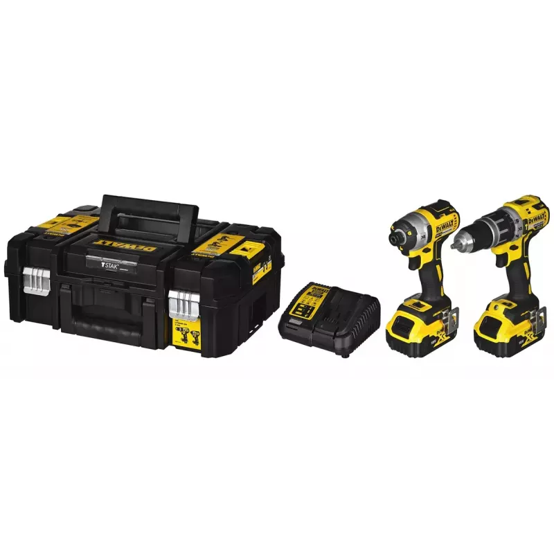 Bezprzewodowy zestaw elektronarzędzi DeWalt DCK266P2T — 18V, 2×5.0Ah akumulatory, zakrętarka udarowa i wiertarko-wkrętarka, ładowarka, walizka