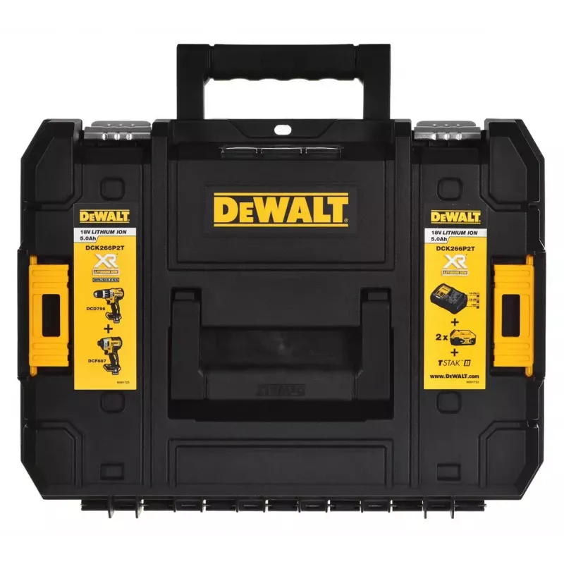 Bezprzewodowy zestaw elektronarzędzi DeWalt DCK266P2T — 18V, 2×5.0Ah akumulatory, zakrętarka udarowa i wiertarko-wkrętarka, ładowarka, walizka