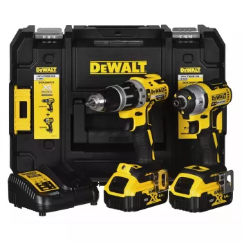 Bezprzewodowy zestaw elektronarzędzi DeWalt DCK266P2T — 18V, 2×5.0Ah akumulatory, zakrętarka udarowa i wiertarko-wkrętarka, ładowarka, walizka