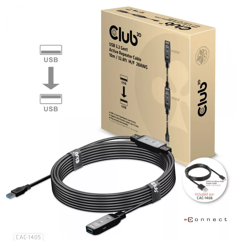 Kabel aktywnego repeatera CLUB3D USB 3.2 Gen1 10 m / 32.8ft M/F 28AWG