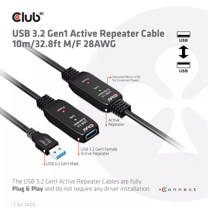 Kabel aktywnego repeatera CLUB3D USB 3.2 Gen1 10 m / 32.8ft M/F 28AWG