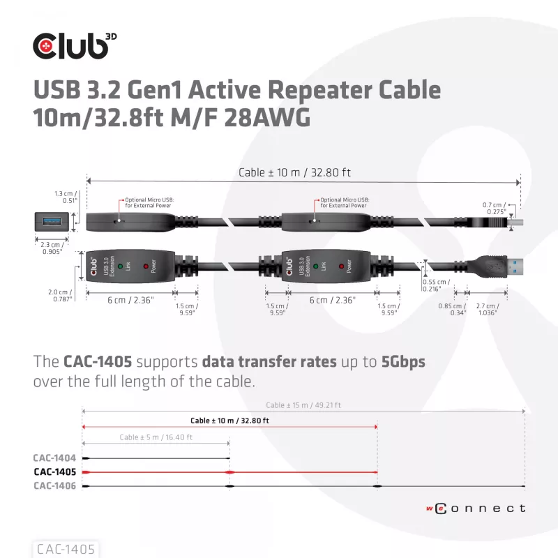 Kabel aktywnego repeatera CLUB3D USB 3.2 Gen1 10 m / 32.8ft M/F 28AWG