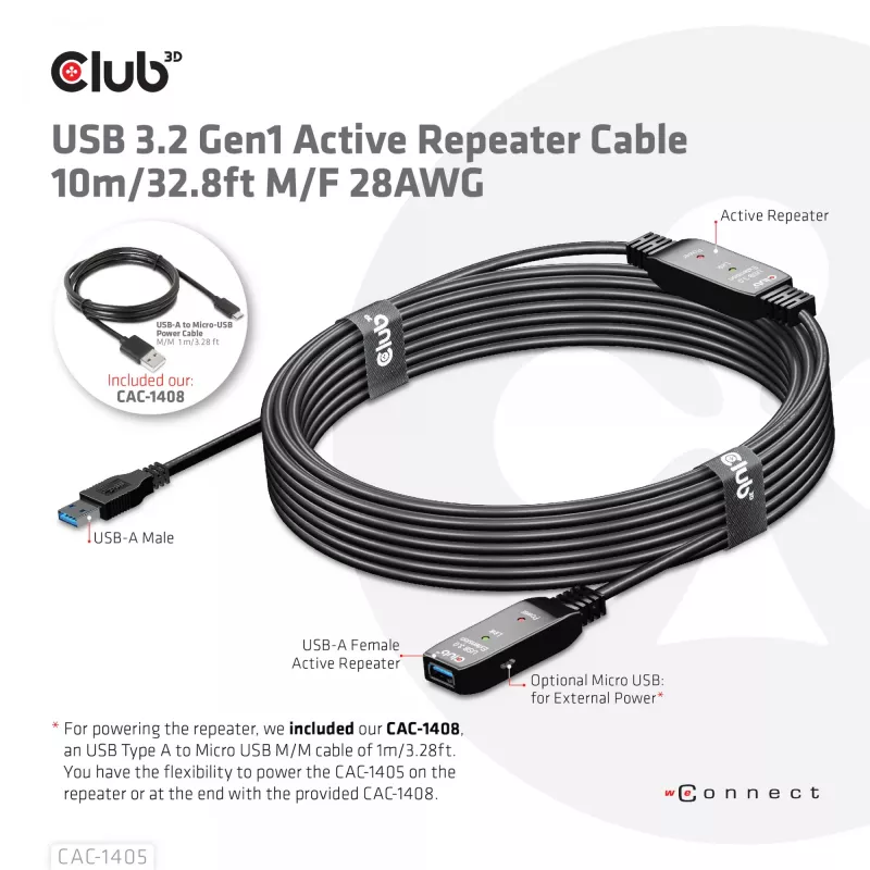 Kabel aktywnego repeatera CLUB3D USB 3.2 Gen1 10 m / 32.8ft M/F 28AWG