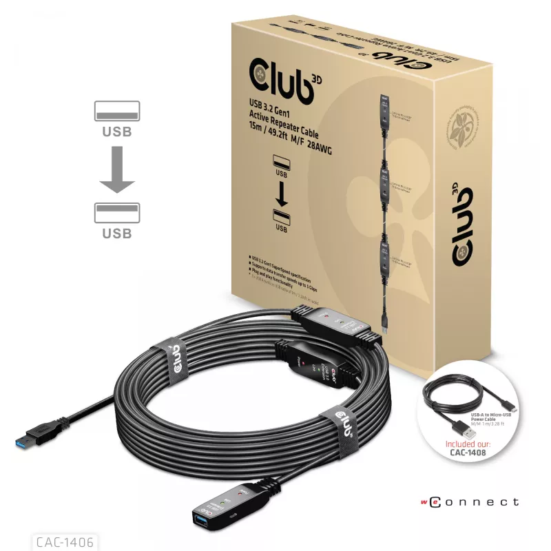 CLUB3D USB 3.2 Gen1 aktywny kabel repeater 15 m/ 49.2 ft M/F 28AWG
