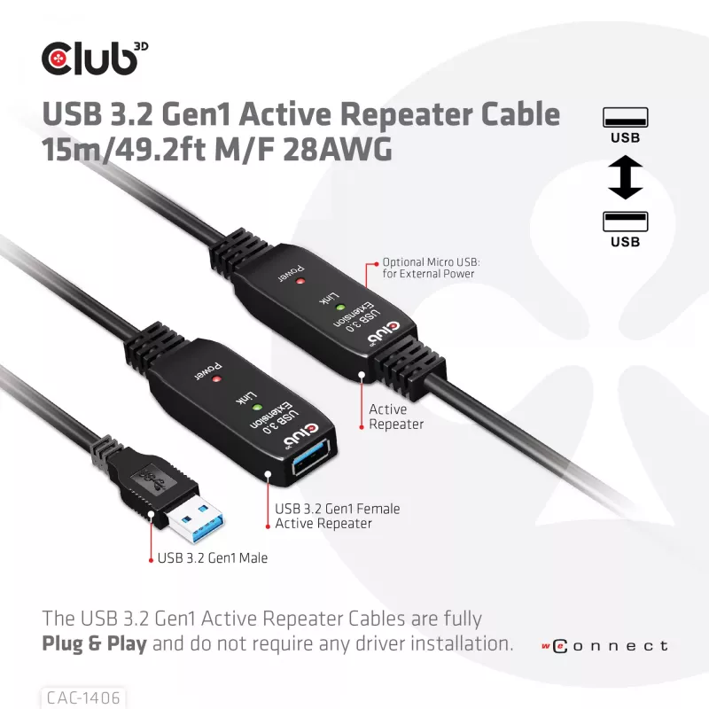 CLUB3D USB 3.2 Gen1 aktywny kabel repeater 15 m/ 49.2 ft M/F 28AWG