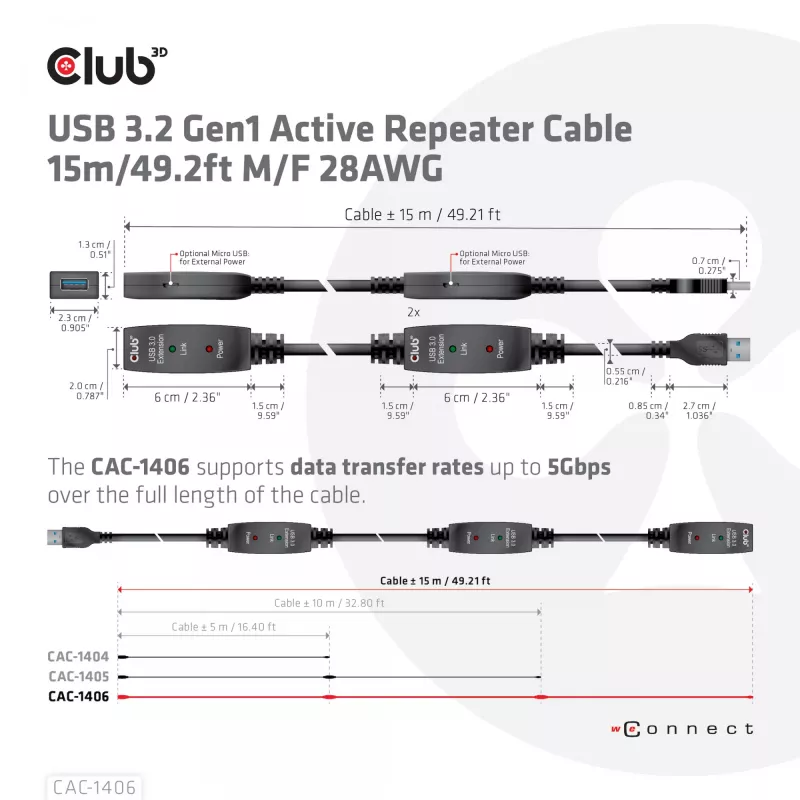 CLUB3D USB 3.2 Gen1 aktywny kabel repeater 15 m/ 49.2 ft M/F 28AWG
