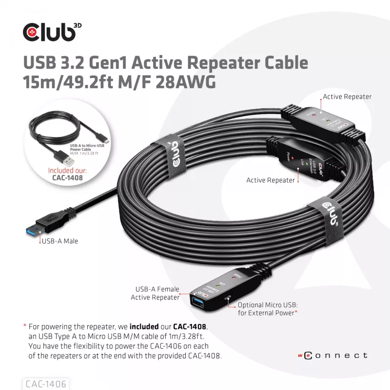 CLUB3D USB 3.2 Gen1 aktywny kabel repeater 15 m/ 49.2 ft M/F 28AWG