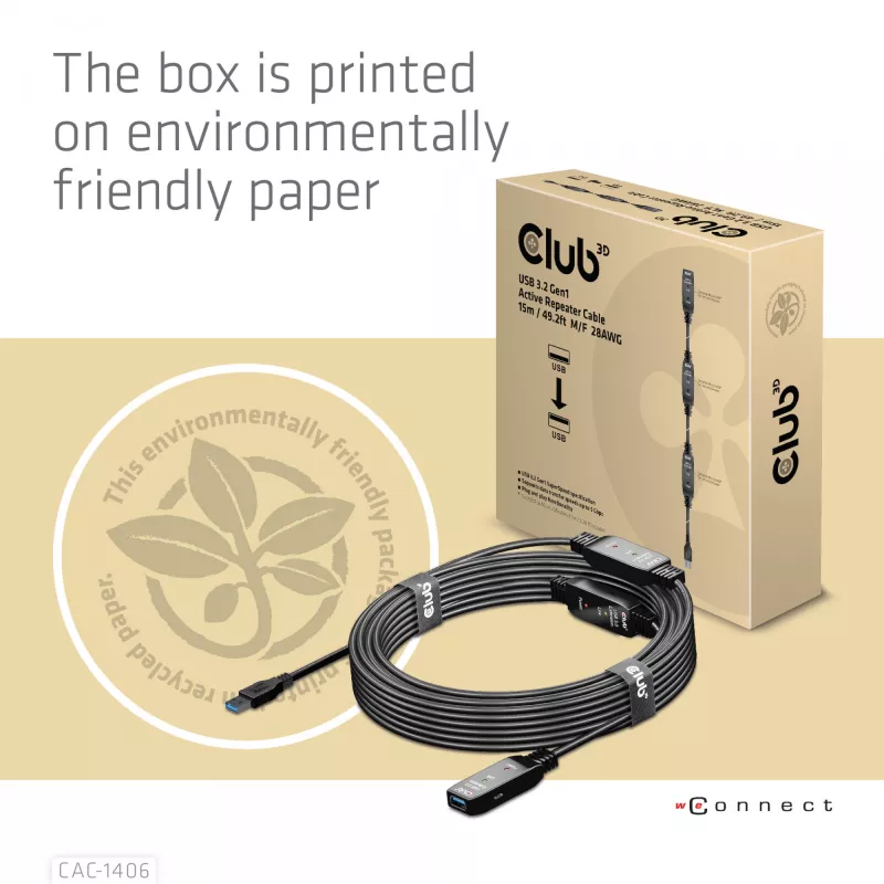 CLUB3D USB 3.2 Gen1 aktywny kabel repeater 15 m/ 49.2 ft M/F 28AWG