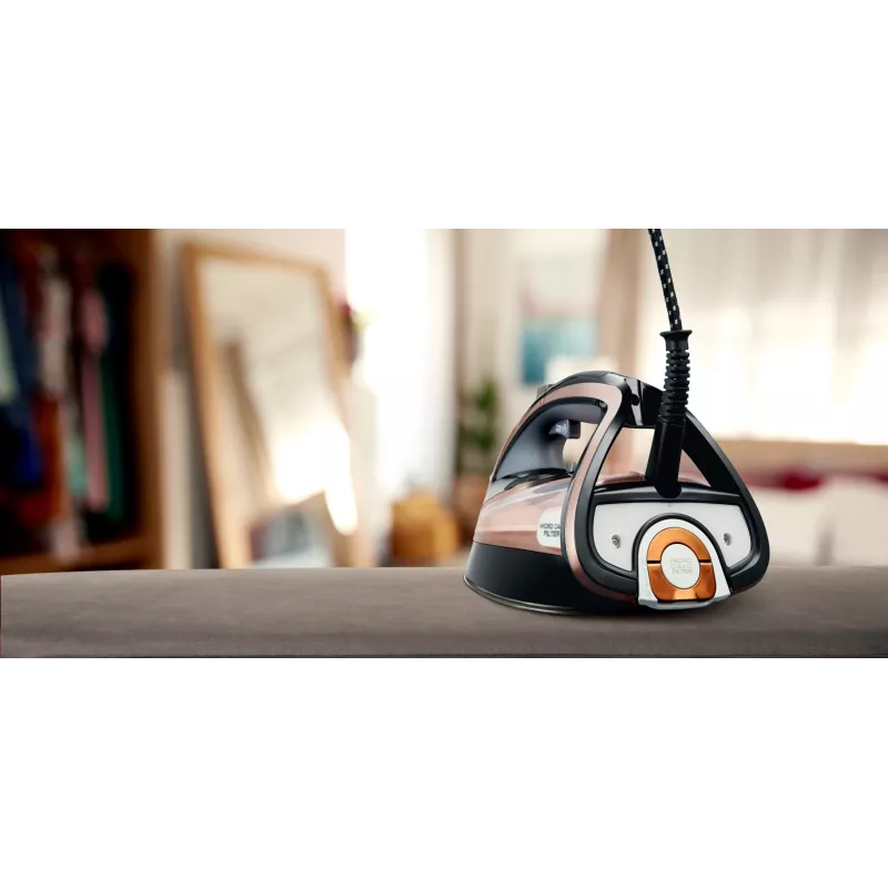 Żelazko parowe Tefal FV9845 — 3200 W, 60 g/min para ciągła, zbiornik 350 ml, para pionowa, 1,45 kg, Czarny/Miedziany