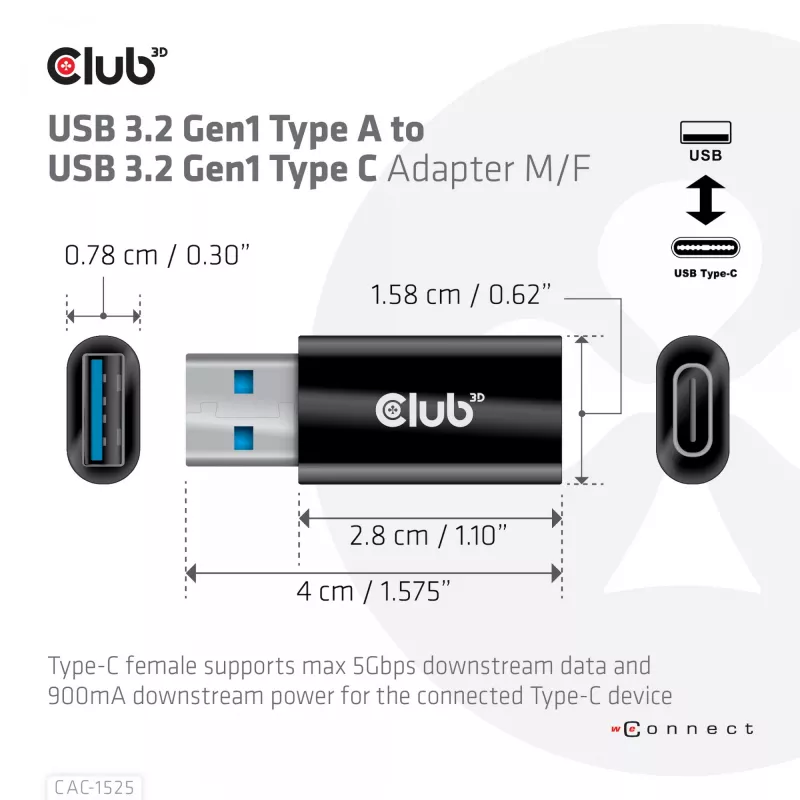 CLUB3D adapter USB 3.2 Gen1 Typ A do USB 3.2 Gen1 Type C M/F