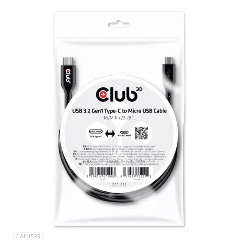 Kabel CLUB3D USB 3.2 Gen1 Type-C do Micro USB M/M 1 m