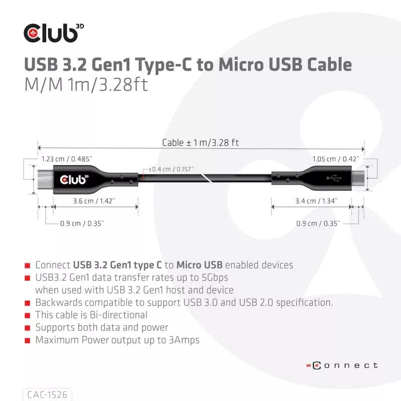 Kabel CLUB3D USB 3.2 Gen1 Type-C do Micro USB M/M 1 m