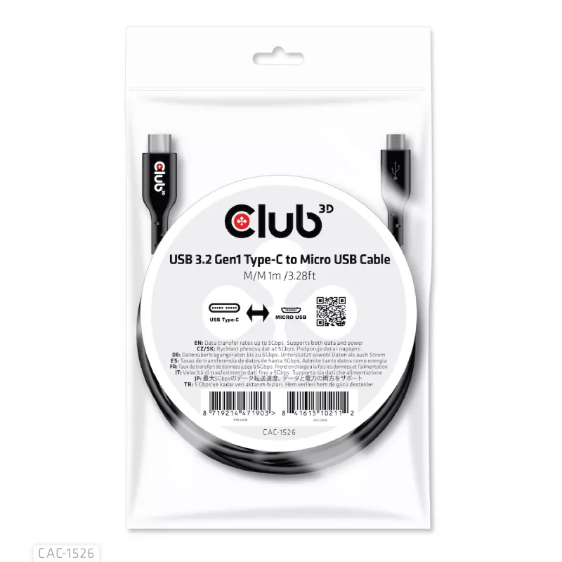 Kabel CLUB3D USB 3.2 Gen1 Type-C do Micro USB M/M 1 m