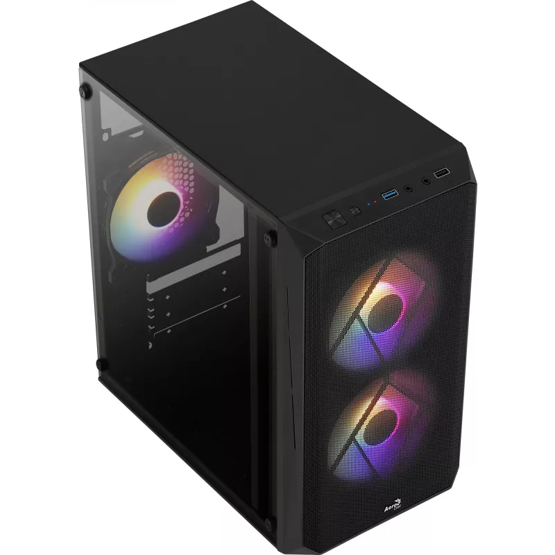 Obudowa PC AEROCOOL CS107V2 Mini Tower — Czarna, microATX/Mini-ITX, 2 wentylatory 120 mm, 1 wnęka 3,5 cala + 2 wnęki 2,5 cala