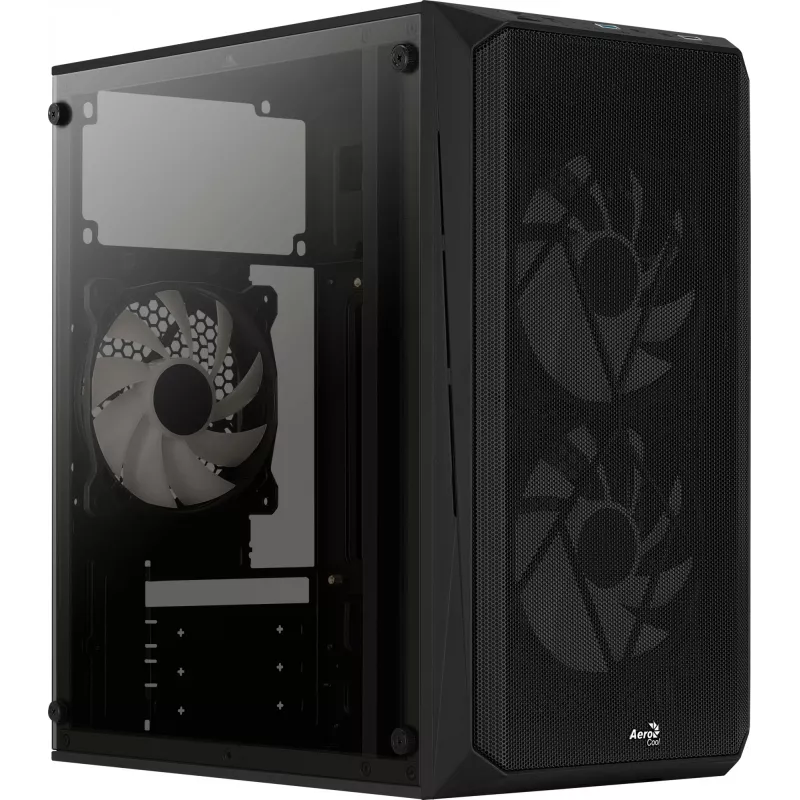 Obudowa PC AEROCOOL CS107V2 Mini Tower — Czarna, microATX/Mini-ITX, 2 wentylatory 120 mm, 1 wnęka 3,5 cala + 2 wnęki 2,5 cala