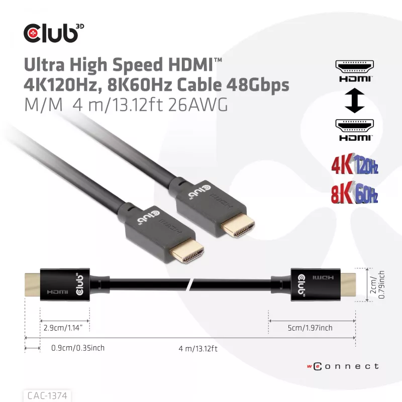Kabel CLUB3D Ultra High Speed HDMI™ 4K120Hz, 8K60Hz 48Gbps M/M 4 m/13.12ft 26AWG