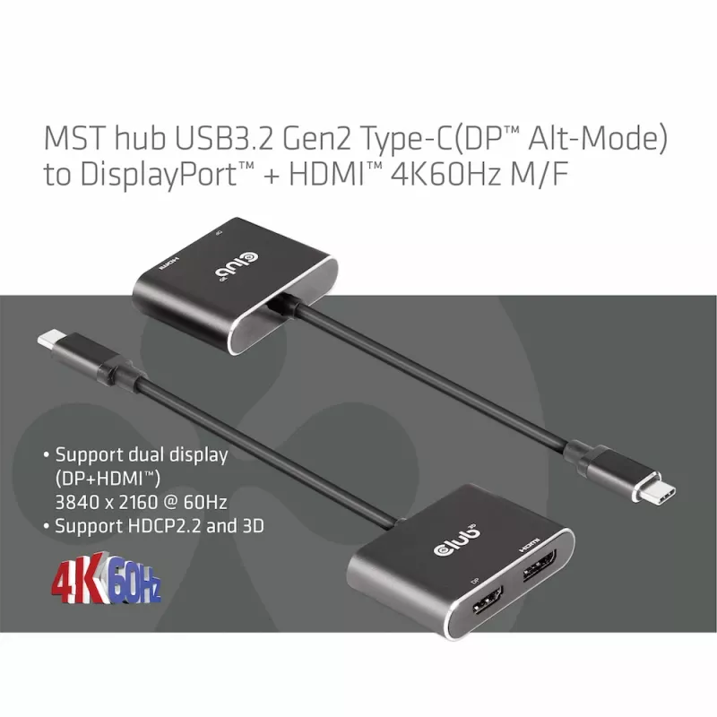 CLUB3D Hub MST USB3.2 Gen2 Type-C(DP Alt-Mode) na DisplayPort + HDMI 4K60Hz M/F