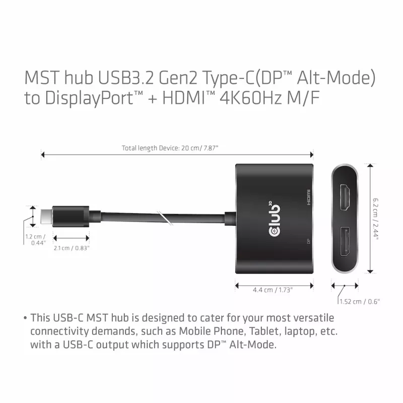 CLUB3D Hub MST USB3.2 Gen2 Type-C(DP Alt-Mode) na DisplayPort + HDMI 4K60Hz M/F