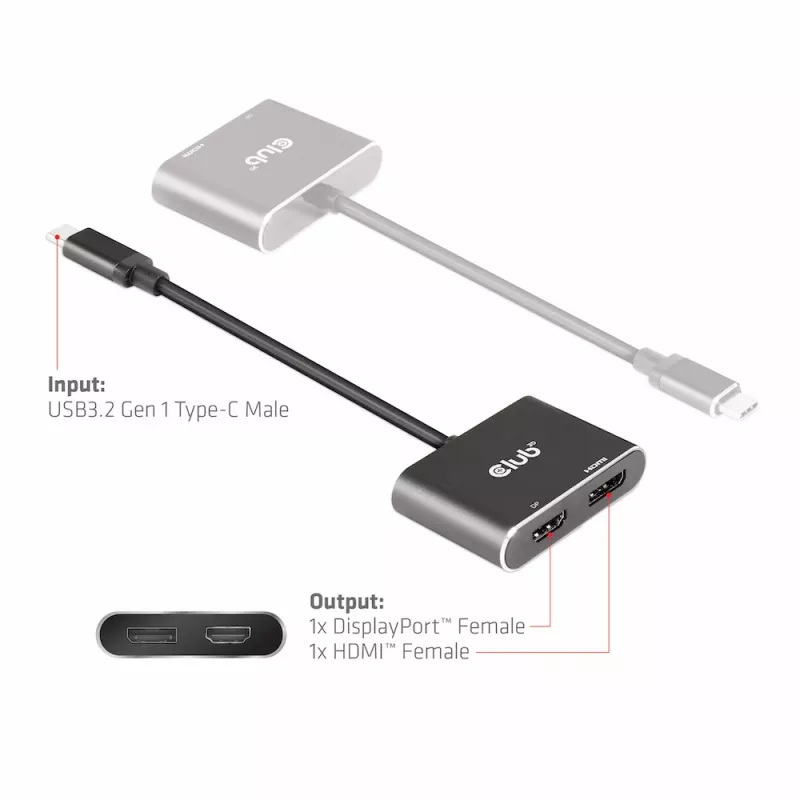 CLUB3D Hub MST USB3.2 Gen2 Type-C(DP Alt-Mode) na DisplayPort + HDMI 4K60Hz M/F