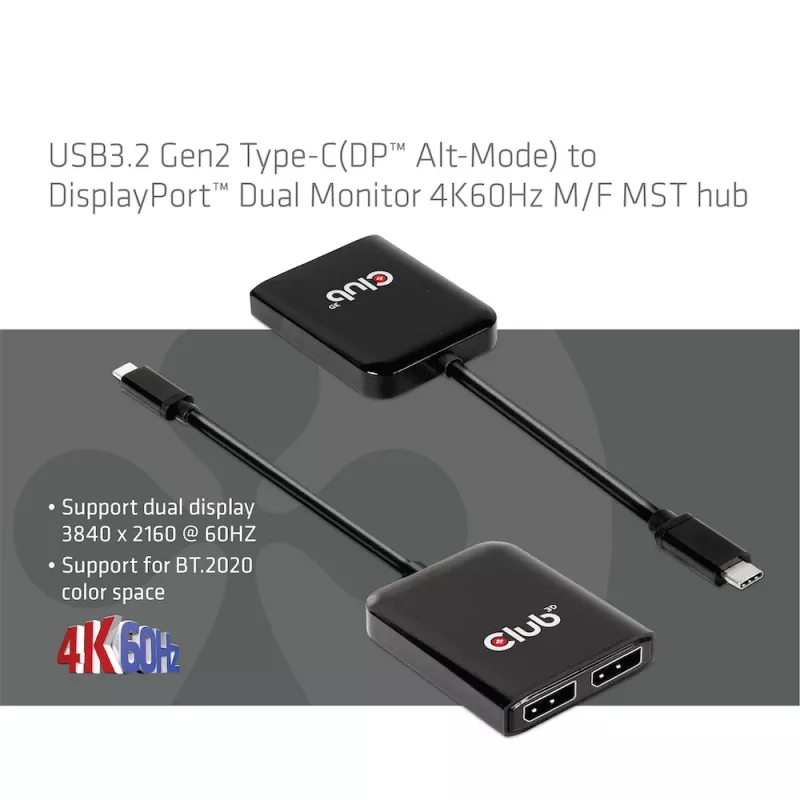 CLUB3D USB3.2 Gen2 Type-C(DP™ Alt-Mode) na DisplayPort™ hub MST dla dwóch monitorów 4K60Hz M/F