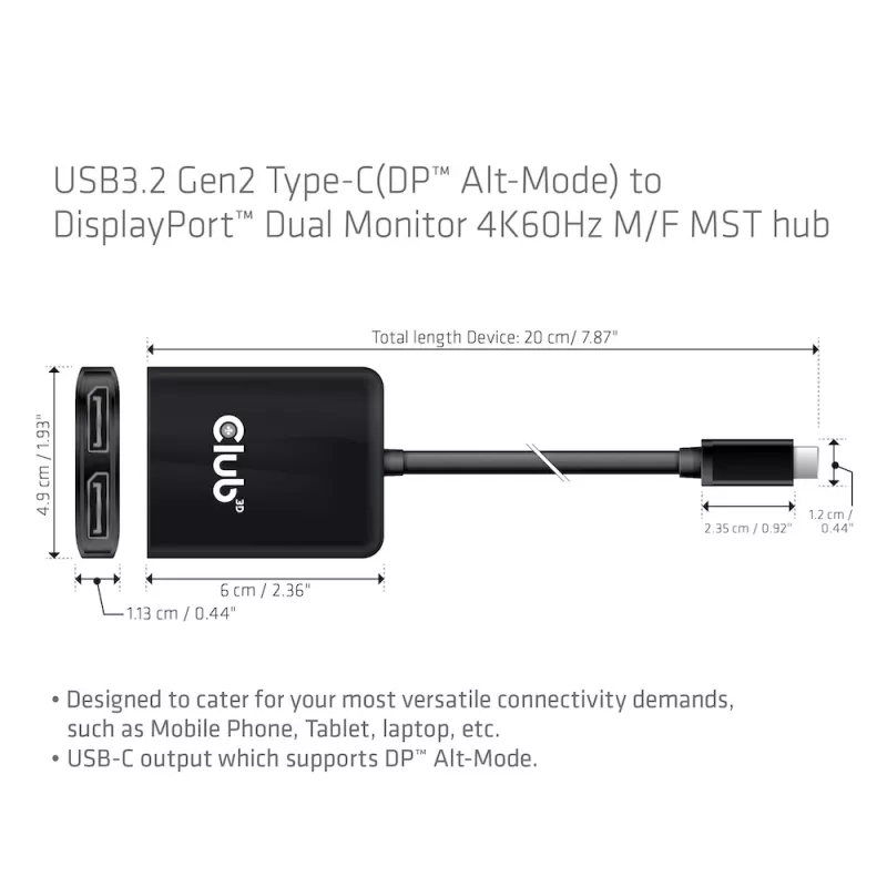 CLUB3D USB3.2 Gen2 Type-C(DP™ Alt-Mode) na DisplayPort™ hub MST dla dwóch monitorów 4K60Hz M/F