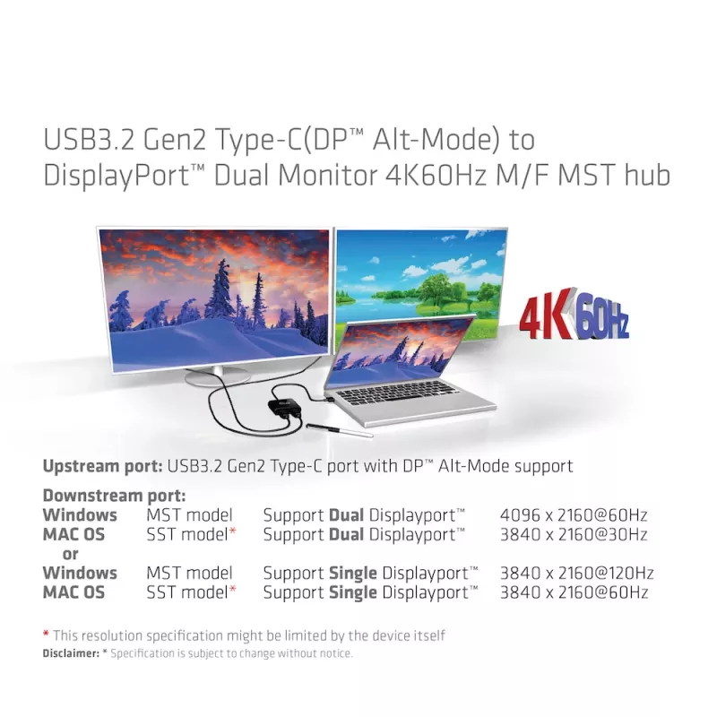 CLUB3D USB3.2 Gen2 Type-C(DP™ Alt-Mode) na DisplayPort™ hub MST dla dwóch monitorów 4K60Hz M/F